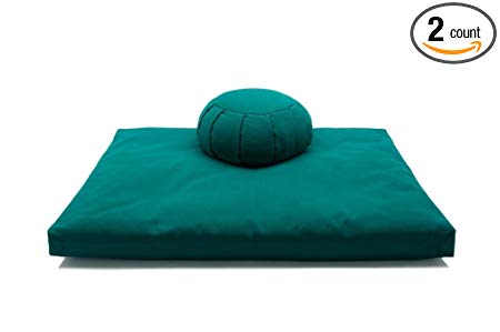 Deluxe Zafu & Zabuton 2 Piece Set - Yoga/Meditation Cushions - Made in USA - Buckwheat or Kapok Fill (forest green, kapok fibers)