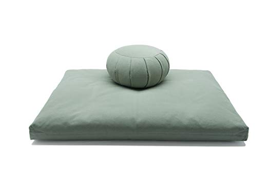 Sage Green Kapok Zafu and Cotton Batting Zabuton Meditation Cushions with Removable Cotton Twill Covers