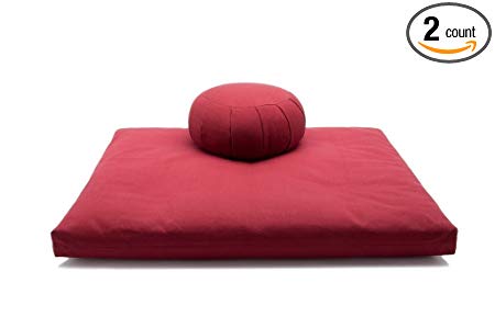 Deluxe Zafu & Zabuton 2 Piece Set - Yoga/Meditation Cushions - Made in USA - Buckwheat or Kapok Fill (burgundy, buckwheat hull)