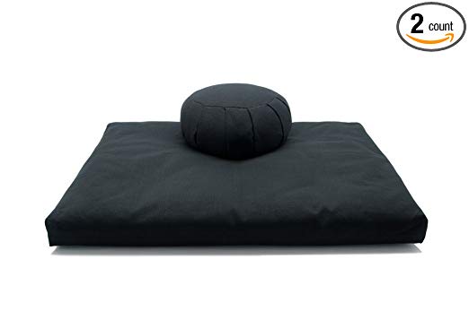 Deluxe Zafu & Zabuton 2 Piece Set - Yoga/Meditation Cushions - Made in USA - Buckwheat or Kapok Fill (black, kapok fibers)