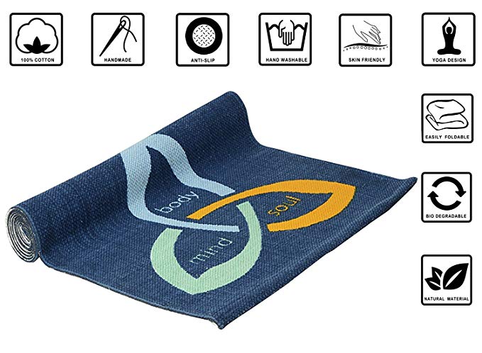 Organic Cotton Yoga Mat - Non Slip - Natural - Eco - Friendly - Non Toxic - Washable - Skin Friendly - Easily Foldable - Anti Bacterial - Biodegradable - Designer - Extra Long 72 x 24 inches