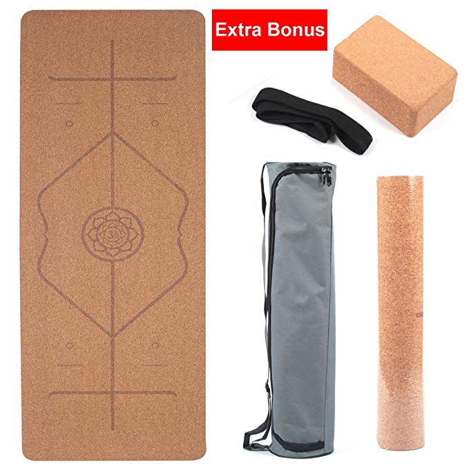 Reliancer 4PCS Eco-Friendly Cork Yoga Mat Set Non-Slip Organic Cork & Natural Rubber with Unique Alignment Marker System w/3inch Thick Cork Block&Yoga Strap&Yoga Bag for Hot Yoga