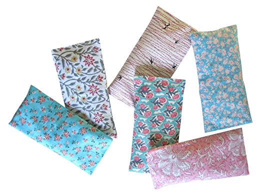 Peacegoods Aromatherapy Yoga Eye Pillow - Pack of (6) - 4.5 x 9 - Organic Lavender Chamomile Flax - Washable Cover Cotton - bulk - teal green magenta pink purple flowers leaves turquoise block print