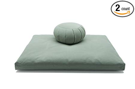 Deluxe Zafu & Zabuton 2 Piece Set - Yoga/Meditation Cushions - Made in USA - Buckwheat or Kapok Fill (sage green, buckwheat hull)