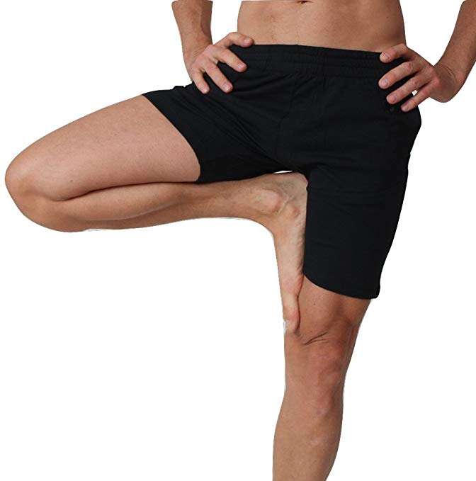 Prancing Leopard Men's Organic Cotton Yoga Shorts Okapi Biker Shorts Look, 2 Zipper Side Pockets, Breathable Fabric